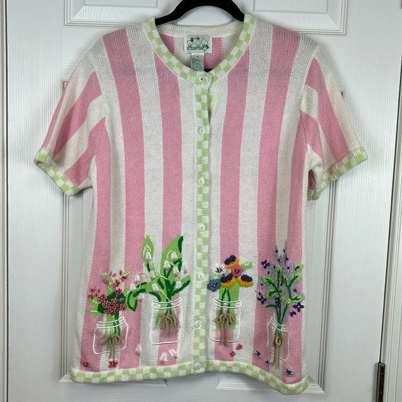 Quacker Factory pink and white striped short sleeve floral sweater sz med - Picture 1 of 6